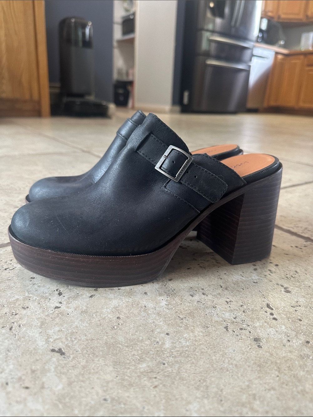 Lucky Brand Black Leather Platform Mule Clogs with Buckle